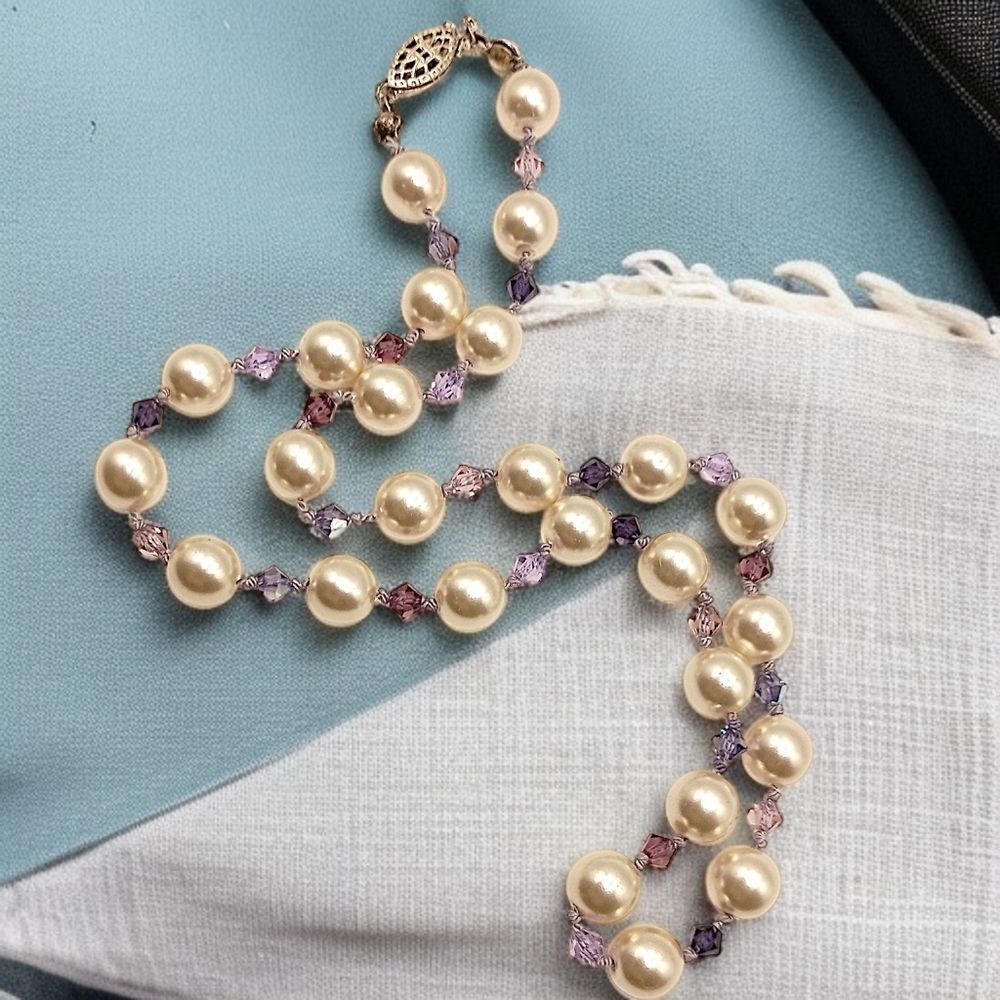 Vintage Faux Pearl Crystal Beaded Necklace Knotted Purple Sterling Silver Clasp